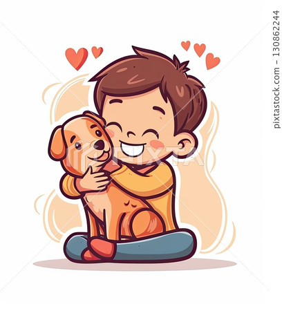 A charming clipart image of a boy embracing his furry friend, showcasing the pure bond between a child and their pet. 130862244