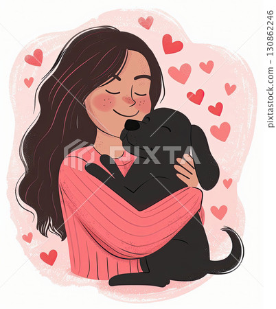 A heart-melting illustration of a girl hugging her dog in a meadow, representing happiness and carefree moments. 130862246