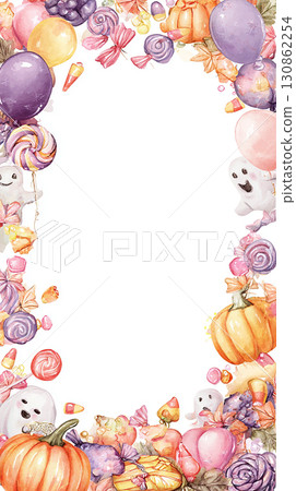 Halloween frame background illustration set with pumpkin, ghost, candy, and balloon decorations 130862254