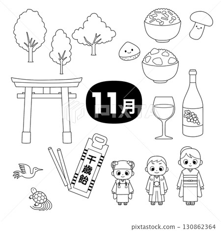 November seasonal line drawing illustration set (Shichi-Go-San, autumn leaves, seasoned rice, Beaujolais Nouveau) 130862364