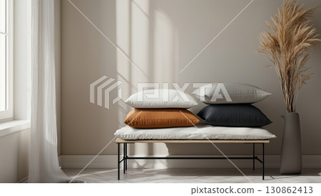 Stylish Room With A Stack Of Plush Pillows And Cozy Bench 130862413