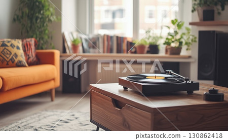 Stylish Living Room Featuring Coffee Table With Record Player And Vinyl Disk 130862418