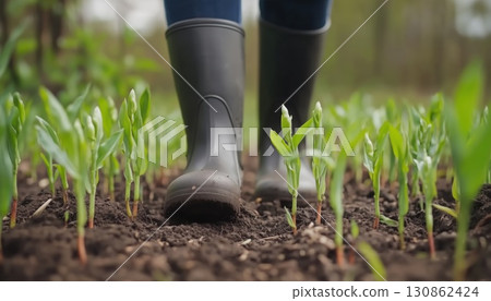 Farmer Walks Through Corn Field With Rubber Boots 130862424