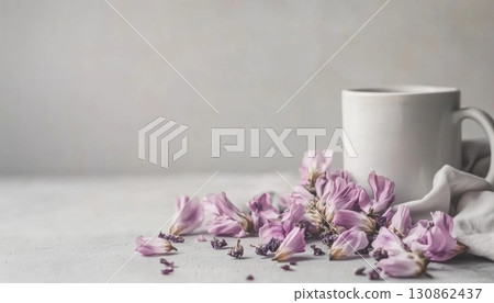 Dried Mallow Flowers And Hot Water Mug For Brewing Herbal Tea With Empty Space For Text Or Design 130862437