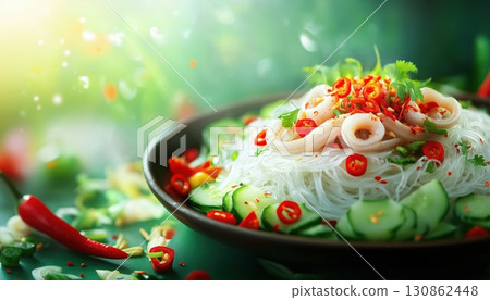Delicious Spicy Salad Vermicelli Noodles With Squid Cutlet And Minced Pork 130862448