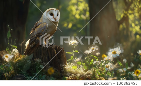 Stunning Display Of A Barn Owl Perched On A Tree Stump In A Woodland Setting 130862453