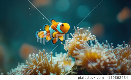 Vibrant Clownfish Frolicking Among Colorful Coral Reefs With Anemones In The Tropical Underwater 130862484