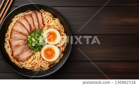 Top View Of Egg Noodles With Red Roast Pork Top View Of Egg Noodles With Red Roast Pork 130862516