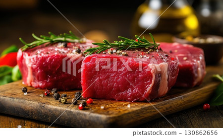 Fresh Beef Steaks With Seasoning On A Wooden Surface 130862656