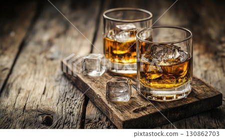 Vintage Whiskey On An Old Wooden Board 130862703