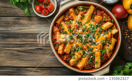 Delicious Loaded Chilli Cheese Fries Presented In A Dish On A Wooden Table 130862827