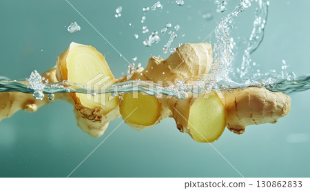 Capturing The Action Of Ginger Slices Plummeting Into Water Capturing The Action Of Ginger Slices Plummeting Into Water 130862833