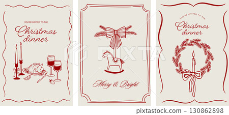 Merry Christmas, hand drawn illustrations, vertical Christmas cards in modern vintage style 130862898