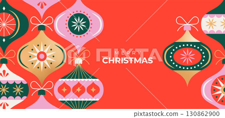 Colorful Christmas ornaments and vintage baubles. Banner background in modern minimalist geometric 130862900