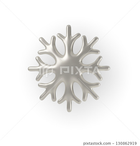 3D silver snowflake isolated on white background. Minimalist metallic winter decoration symbol for Christmas, New Year, festive design, holiday card or modern seasonal icon 3D silver snowflake isolated on white background. Minimalist metallic winter decoration symbol for Christmas, New Year, festive design, holiday card or modern seasonal icon 130862919