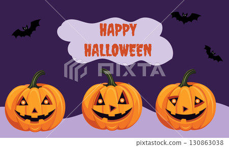 Happy Halloween template with bats, glowing jack-o-lanterns on dark purple background. Spooky holiday celebration design with text. Vector illustration, pumpkin Happy Halloween template with bats, glowing jack-o-lanterns on dark purple background. Spooky holiday celebration design with text. Vector illustration, pumpkin 130863038