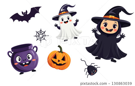 Cute Halloween vector illustration with witch, ghost, pumpkin, bat, spider, cauldron, web and holiday decorations on white background. Perfect for kids design, party invitation, pattern Cute Halloween vector illustration with witch, ghost, pumpkin, bat, spider, cauldron, web and holiday decorations on white background. Perfect for kids design, party invitation, pattern 130863039
