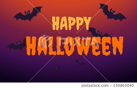 Vector banner for a happy Halloween with black bats in the background and bright orange lettering. Card template with a purple background in a classic holiday style 130863040