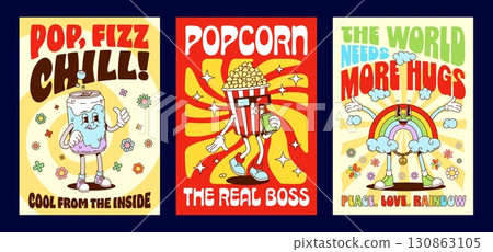 Funny groovy characters posters. Vector set of soda can, popcorn bucket, and rainbow retro cartoon personages with playful slogans, colorful flowers, clouds, and sunburst vibrant pop art backgrounds 130863105