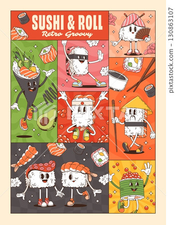 Groovy Japanese roll and sushi characters collage poster. Retro comic asian food y2k hippie personages dancing, posing and interacting in colorful panels. Vector playful, Japan cuisine promotions 130863107