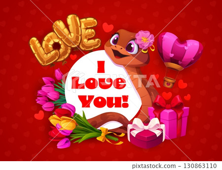 I love you Valentine day greeting card with cute cartoon snake with flowers, gifts, heart balloon and surrounded by tulips and hearts on a red background, it expresses love and playful holiday vibe 130863110