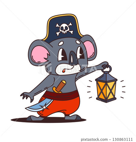 Koala pirate or corsair cartoon animal character of ship crew, vector personage. Koala in Caribbean captain tricorne hat with fire lantern lamp as Caribbean sailor corsair or seaman animal character 130863111