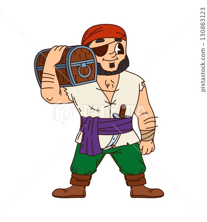 Caribbean pirate or corsair character with treasure chest, vector groovy cartoon personage. Caribbean pirate sailor or boatswain filibuster cartoon character with corsair eyepatch and treasure chest 130863123