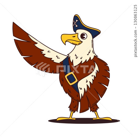 Cartoon eagle animal pirate and corsair ship crew character in tricorn hat, embodying classic nautical maritime adventure vibe. Isolated vector falcon bird buccaneer captain personage with raised wing 130863125