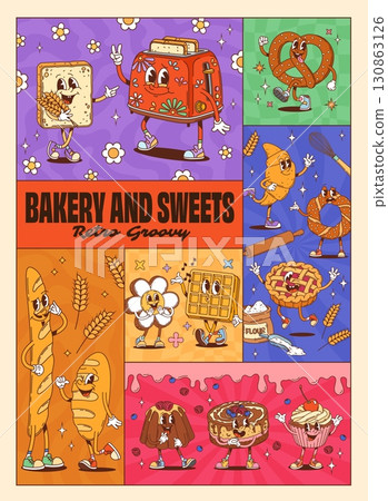 Cartoon groovy bakery characters collage poster. Vector retro comic y2k cafe personages of sweet treats like toast, pie, waffle, cupcake, pretzel, cookie or bread with vibrant hippie funky backgrounds Cartoon groovy bakery characters collage poster. Vector retro comic y2k cafe personages of sweet treats like toast, pie, waffle, cupcake, pretzel, cookie or bread with vibrant hippie funky backgrounds 130863126