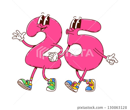 Cartoon groovy math number 25 characters, school education twenty five digit personages. Playful pink 2 and 5 with expressive faces holding hands and walking together in colorful vintage sneakers 130863128