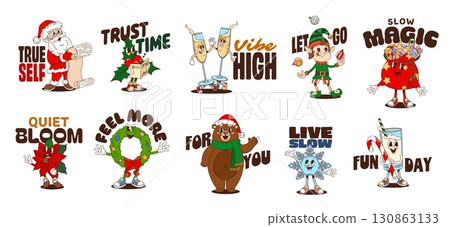 Christmas funny y2k groovy stickers. Festive patches with cartoon characters santa, elves, holiday drinks, wreath, poinsettia, gifts, snowflake and bear in hat, paired with playful positive slogans 130863133