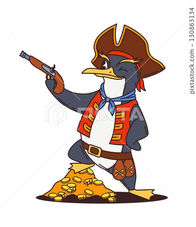 Penguin pirate, cartoon animal character of corsair ship crew, vector personage. Penguin Caribbean sailor in captain tricorne hat with musket gun and treasure gold coins as corsair animal character 130863134
