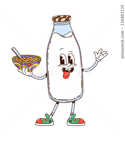 Cartoon groovy milk bottle drink character with a happy face, holding a cereal bowl. Vector funky breakfast retro y2k personage with joyful face expression and playful nostalgic childhood hippie vibes Cartoon groovy milk bottle drink character with a happy face, holding a cereal bowl. Vector funky breakfast retro y2k personage with joyful face expression and playful nostalgic childhood hippie vibes 130863135