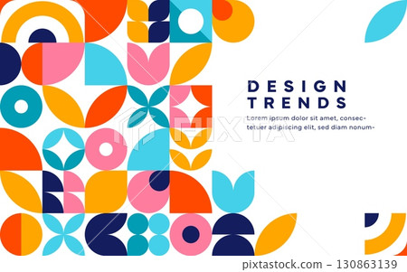 Abstract banner with geometric pattern and shapes in red, yellow, blue and pink colors arranged in layout. Vector modern background, retro cover with minimal figures. Trendy template for presentation Abstract banner with geometric pattern and shapes in red, yellow, blue and pink colors arranged in layout. Vector modern background, retro cover with minimal figures. Trendy template for presentation 130863139