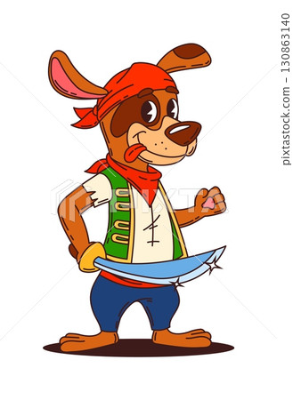 Cartoon funny dog animal pirate and corsair character. Isolated vector cute and fearless groovy puppy personage with a gleaming saber, sailing the seas in search of buried bones and epic adventures 130863140