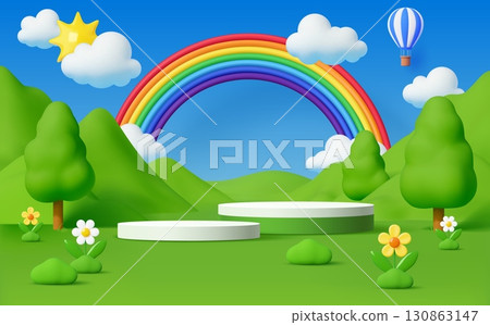 Kids podium with green grass, mountain hills and rainbow, hot air balloon, fluffy clouds and blooms. 3d vector stage in summer garden with flowers and greenery. Playful cartoon landscape and scene 130863147