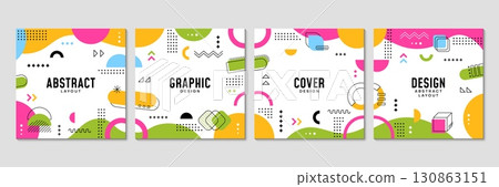 Memphis square cover layout, abstract geometric banners. Modern vector templates of covers or media posts feature vibrant colors, simple shapes playful patterns in retro modern hipster style of 1980s 130863151