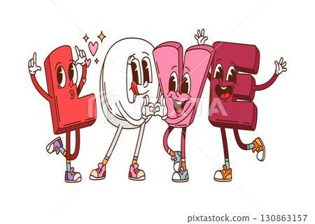 Cartoon groovy Valentine Love letters characters with expressive faces, sneakers, heart gestures and joyful emotions. Vector romantic word personages with y2k vibe for hippie nostalgic celebration Cartoon groovy Valentine Love letters characters with expressive faces, sneakers, heart gestures and joyful emotions. Vector romantic word personages with y2k vibe for hippie nostalgic celebration 130863157