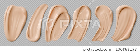 Beige foundation cream swatch, skincare cosmetic drops set. Liquid powder or bb creme. Realistic 3d vector smooth beige concealer stroke. Creamy cosmetics glossy finish, beauty skincare product sample Beige foundation cream swatch, skincare cosmetic drops set. Liquid powder or bb creme. Realistic 3d vector smooth beige concealer stroke. Creamy cosmetics glossy finish, beauty skincare product sample 130863158