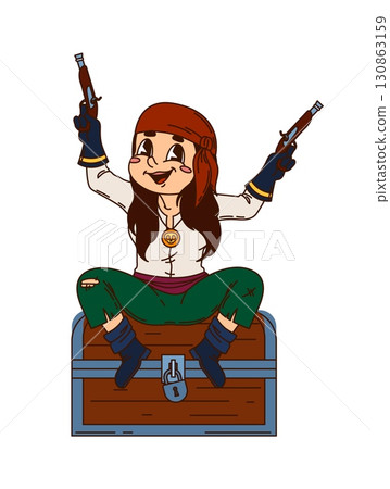 Pirate girl, European or Asian corsair cartoon character on treasure chest, vector personage. Caribbean pirate woman in sailor bandana or captain skipper sitting on treasure chest with musket guns Pirate girl, European or Asian corsair cartoon character on treasure chest, vector personage. Caribbean pirate woman in sailor bandana or captain skipper sitting on treasure chest with musket guns 130863159