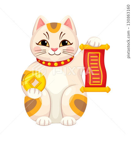 Maneki Neko Japanese lucky cat character with gold coin, cartoon vector. Japanese Maneki Neko cat or kitty kitten symbol of fortune luck with money and scroll parchment for Japanese lucky doll 130863160