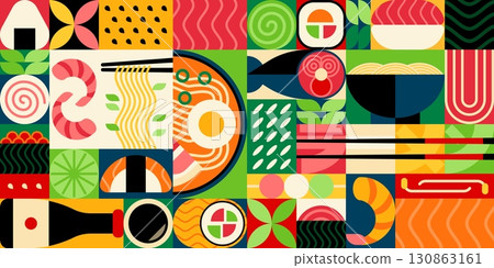 Japanese cuisine geometric pattern featuring japan food items like sushi, ramen, shrimp, soy sauce and chopsticks in colorful grid or modular background with bold shapes. Vector Asian restaurant tile 130863161