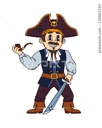 Funny groovy pirate or corsair character of captain sailor of ship crew, cartoon vector. Groovy Caribbean pirate character or boatswain man in corsair tricorne hat with smoking pipe and saber sword Funny groovy pirate or corsair character of captain sailor of ship crew, cartoon vector. Groovy Caribbean pirate character or boatswain man in corsair tricorne hat with smoking pipe and saber sword 130863164