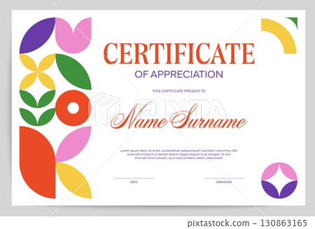 Certificate of appreciation diploma template with geometric pattern, abstract shapes and vibrant colors. Vector award background, recognition and honor trophy frame with placeholders for information 130863165