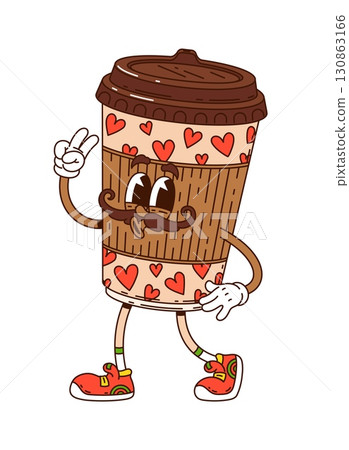 Groovy coffee cup character. Retro fast food hot drink breakfast personage with cheerful expression, posing with a peace signs. Isolated cartoon vector disposable coffee mug with cute hearts pattern 130863166
