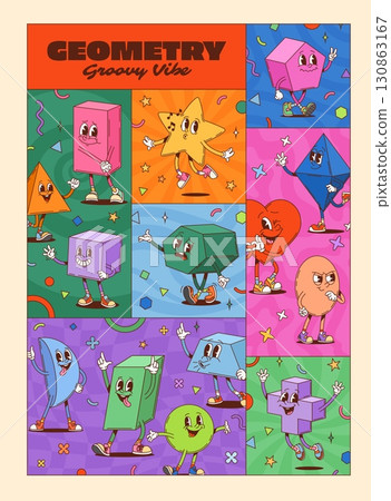 Hippie groovy math shape characters collage poster with geometric figures dancing with expressive faces and funky poses set against colorful backgrounds, create a retro funky vibe filled with joy 130863167