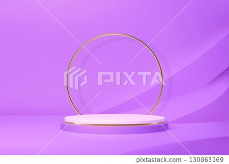 3d purple podium cosmetics stage with golden ring arch. Realistic platform or pedestal in studio for showcasing cosmetic items during presentations. Vector background with round stand mockup and wall 130863169