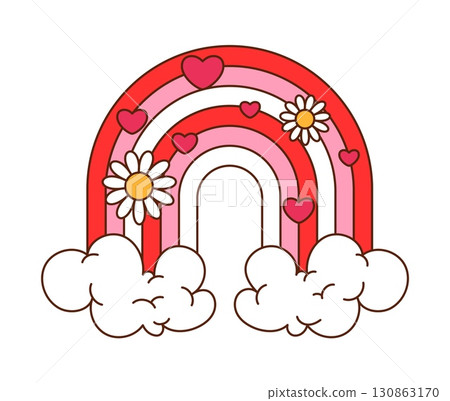 Cartoon groovy Valentine rainbow with hearts, clouds and flowers. Vector retro red and pink arc create sweet y2k romantic vibe, expressing peace, joy, love, positivity, nostalgia, and hippie affection 130863170
