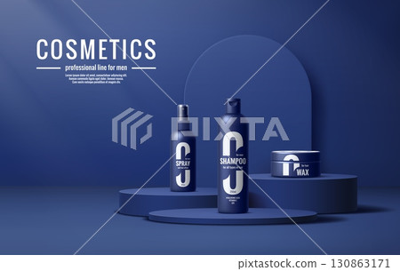 3d blue podium stage with cosmetic bottles at arch wall vector background. Hair cosmetics product display podium platform, presentation stand pedestal, minimal blue stage with shampoo, spray and wax 130863171