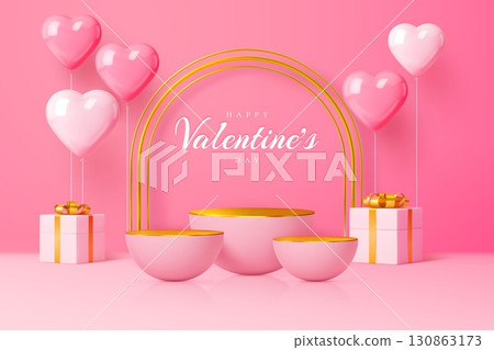 3d pink Valentine day podium with balloons, hearts, golden arch and gifts. Realistic vector holiday pedestals on pink background. Platforms with gold top for romantic celebration, festive presentation 130863173